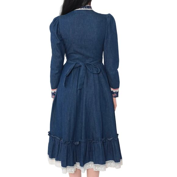 1970s Gunne Sax Vintage Blue Denim Calico Floral Trim Maxi Dress Prairie Dress 3 - Picture 11 of 12